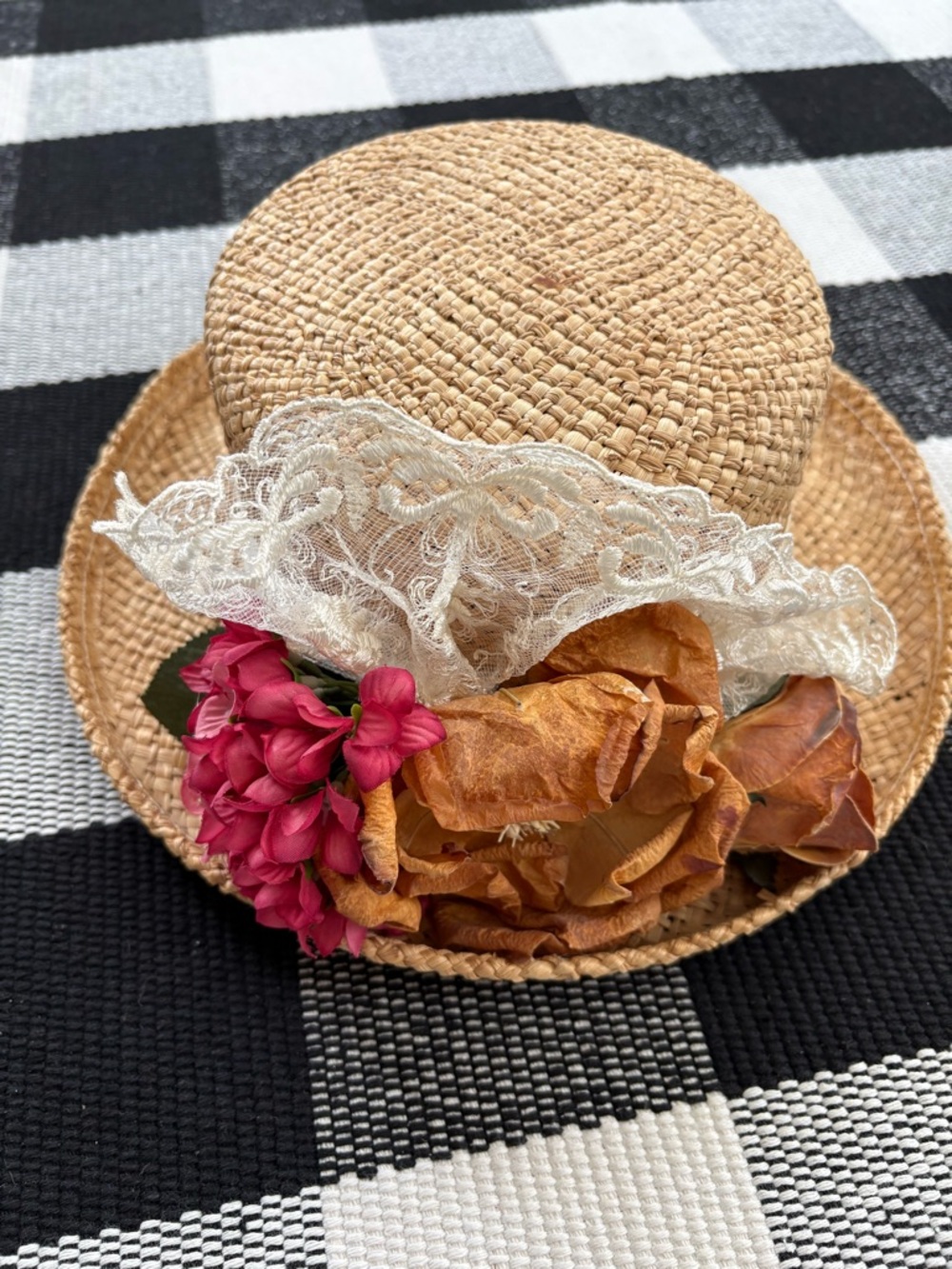 Straw and Lace Hat with Pink and Cream Floral Trim